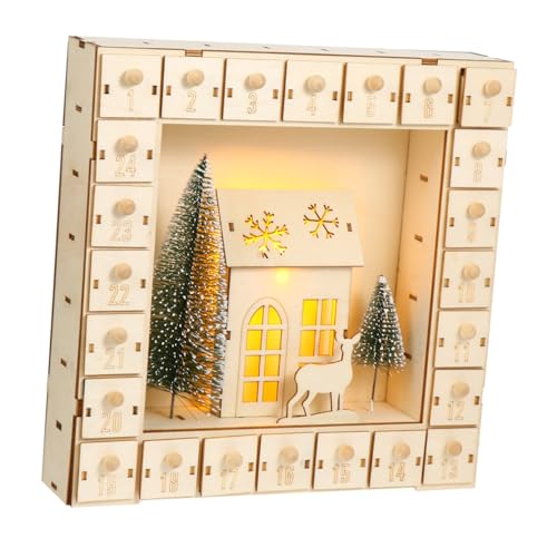 ABOOFAN 1stk Weihnachtskalender Aus Holz Countdown Advent Datum Schubladenkalender Krippe Weihnachtsbaum Kalender Christbaumschmuck Ornament Weihnachten Szene Monat Khaki Led Lichter von ABOOFAN