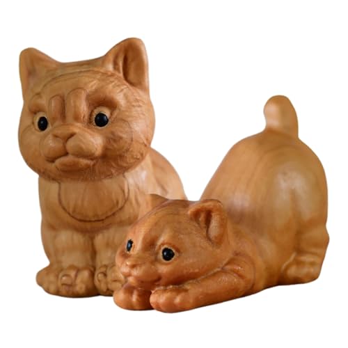 ABOOFAN 2St Katzenstatue Katzenfigur Holzkatze Katzen Skulptur Dekorative Holzfigur Tierische Tischdeko Handgeschnitzte Katzenskulpturen aus Holz Kätzchen-Statue Holzornament hölzern Beige von ABOOFAN