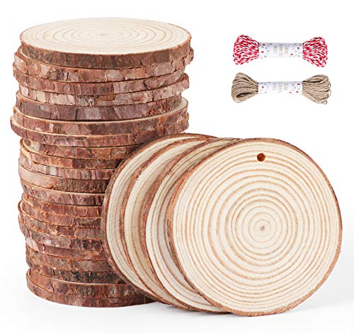 ABSOFINE Holzscheiben 36 Stücke Holzkreise 7-8 cm Holz Log Scheiben mit Loch und Jute-Schnur, Naturholzscheiben Holz Deko für DIY Handwerk Holz-Scheiben Hochzeit Mittelstücke Weihnachten von ABSOFINE