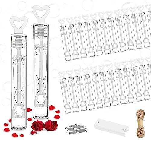 ABSOFINE Seifenblasen Hochzeit, 24 x Herz-Griff Hochzeit Seifenblasen mit 30 Geschenkanhänger & 30m Hanfseil für Tischdeko, Hochzeitsdeko, Guest Gifts, Geburtstag, Party von ABSOFINE