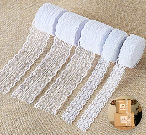 Absofine 50M Spitzenbordüre Spitzenband Weiss Beige Vintage Set Gesamt 5 Rolls Zum Nähen für Hochzeit Tischdeko Basteln Geschenkband von ABSOFINE