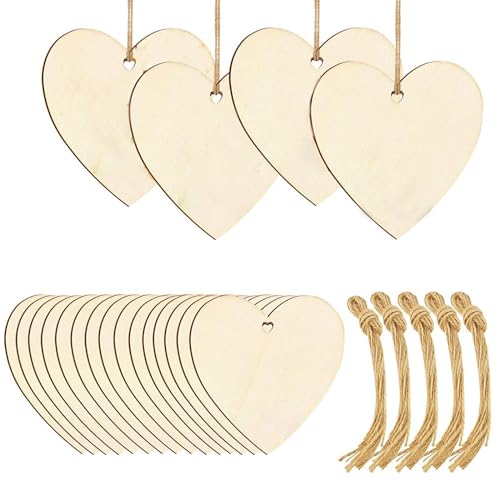 50-er Pack Holzherzen mit Jute Schnur, 7.6 cm x7.6cm Handgemachtes Holz Herzen Naturholz Holzherz Herzförmig Holzplatten Holzherz Deko für Hochzeit, Party, Jubiläum, Weihnachten, Geburtstag von ABSOK