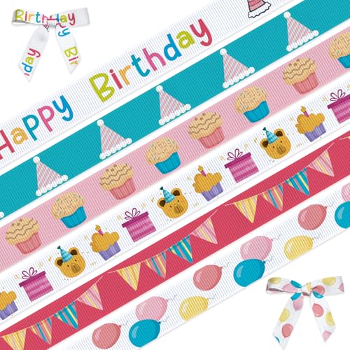 ABTOLS 6 Rollen 18 Yard Happy Birthday Bänder 3/8 Zoll Bär Ballon Ripsbänder Bunte Bänder Kuchen Hut Flagge Verpackung Handwerk Bänder Baby Shower Band für Zuhause Party Gastgeschenke Dekor von ABTOLS