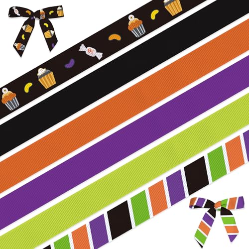 ABTOLS 6 Rollen 30 Meter Halloween Bänder 0,95 cm Candy Ripsbänder solide Satinbänder schwarz lila orange grün gestreift Wrapping Craft Bänder gruseliges Geisterband für Zuhause Party Gastgeschenke von ABTOLS