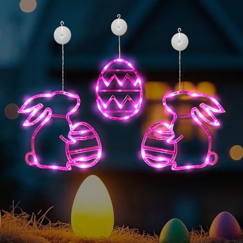 3 Stück Osterdeko Hasen Fenster Licht, Ostereier Aufhängen Lichterkette mit Saugnapf, Ostern Hase Fenster Lichterkette Batteriebetrieben, Ostern Fenster Licht für innen Schlafzimmer Deko (Warm) von ACAREY