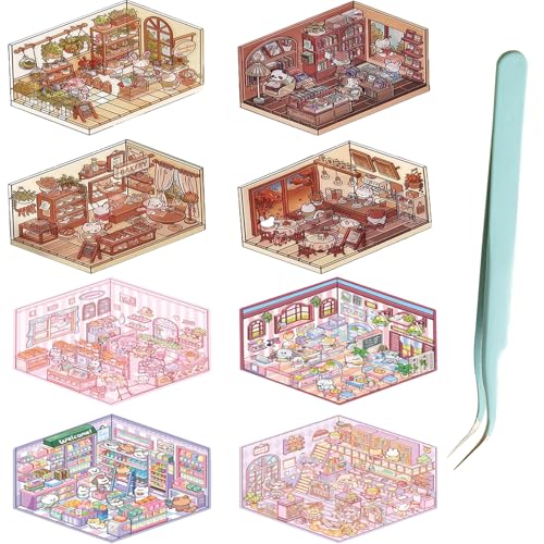 8 Stück DIY 3D House Stickers, Puppenhaus Deko Miniatur Haus Sticker, 3D Hausaufkleber Cartoon Aufkleber, Machen Sie Ihren Eigenen Supermarkt, Ihr Café, Ihr Restaurant, Ihre Buchhandlung (A) von ACAREY