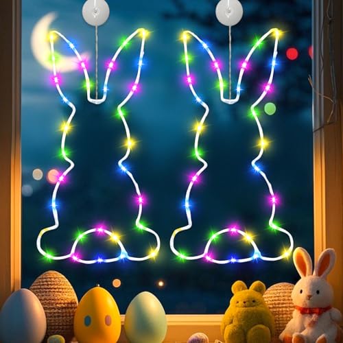 ACAREY 2 Stück Osterdeko Fenster Lichterkette mit Timer, Ostern Deko Hasen Karotten Metall Fenstelicht mit Saugnapf, Hängende Lichterketten Batteriebetriebene, Lichter für Oster Wand Innen Deko (01) von ACAREY