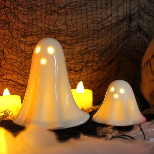 ACAREY Halloween Deko Keramik Geist Laterne 2 Stück Herbst Dekoration Geist Beleuchtet Halloween Deko Geist Lampe Für Erntedankfest Halloween Kostüm Requisiten Tischdeko Innen Party Deko von ACAREY