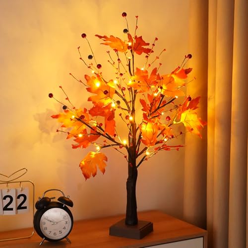 ACAREY Herbstdeko Ahornblatt Baum Lichter mit Timer & 24 LEDs, Herbst Deko Lichterbaum Für Innen mit USB & Batteriebetrieben, 60cm Lichterbaum Für Tisch Herbstdeko Zum Aufhängen Herbstdeko von ACAREY