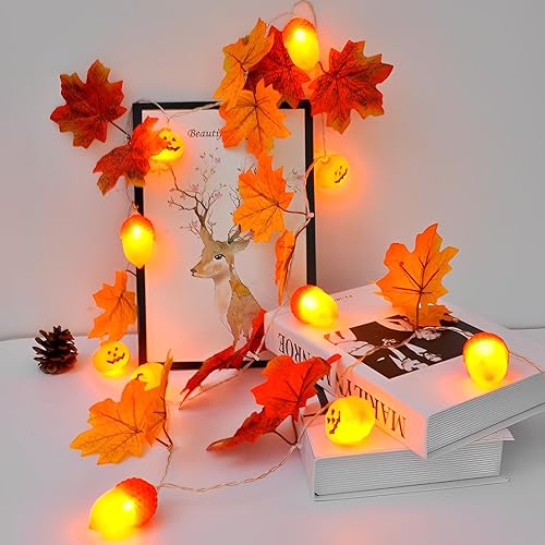 ACAREY Herbstdeko Ahornblatt Lichterkette, Herbst Lichterkette Ahornblatt Girlande Ahornblatt Lichterkette, Halloween Kürbis Fee Eichel Ahornblätter Licht für Herbst Weihnachten Party Deko (1.5M) von ACAREY