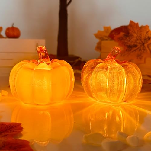 ACAREY Herbstdeko Kürbis Deko mit LED Licht, 2 Stück Herbst Deko Kürbis Laterne, Herbst Dekoration Halloween Deko Kürbis Beleuchtet Für Erntedankfest Halloween Weihnachten Tischdeko Innen Party von ACAREY