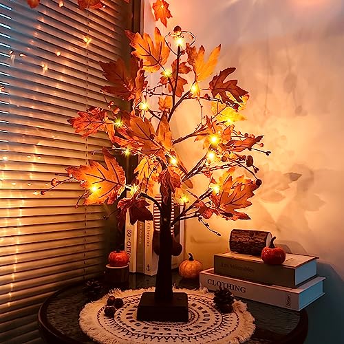 ACAREY Herbstdeko Lichterbaum Für Innen mit 24 LEDs, Ahornblatt Baum Lichter Herbst Deko Lichterbaum mit Timer Herbstblätter Deko Halloween Kürbis Deko Für Tisch Herbstdeko Zum Aufhängen (Ahorn) von ACAREY