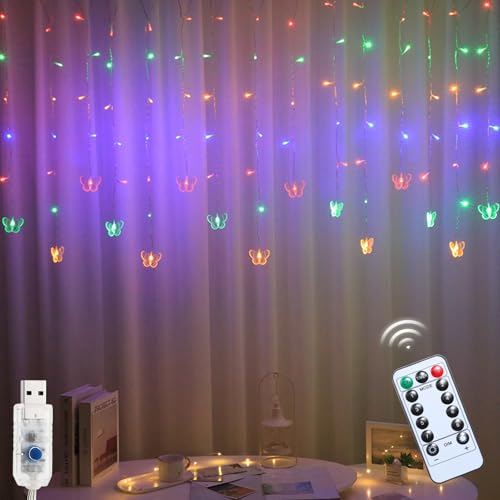 ACAREY Lichtervorhang Innen, 3.5M Schmetterlings Vorhang Lichterketten USB 8 Modi LED Lichterkette mit 16 Haken Fernbedienung Timer Verstellbare Helligkeit für Party Innen Frühlings Deko (Bunt) von ACAREY