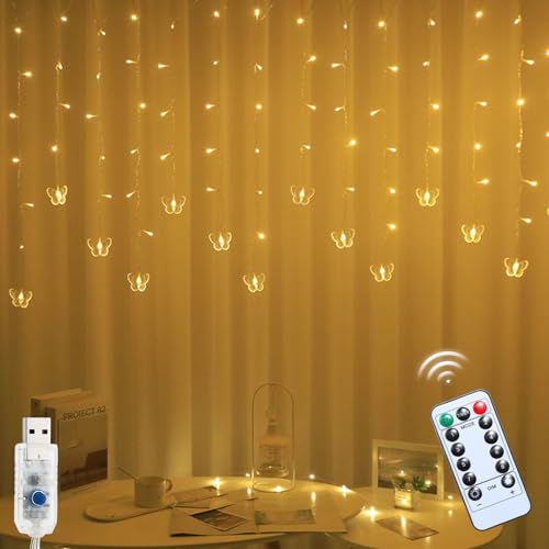 ACAREY Lichtervorhang Innen, 3.5M Schmetterlings Vorhang Lichterketten USB 8 Modi LED Lichterkette mit 16 Haken Fernbedienung Timer Verstellbare Helligkeit für Party Innen Frühlings Deko (Warm) von ACAREY