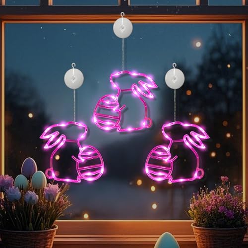 ACAREY Osterdeko Fenster Licht, Ostern Hase Ostereier zum Aufhängen Lichterkette mit Saugnapf, Fenster Deko Lichterkette Batteriebetrieben, Ostern Fensterlicht für innen Schlafzimmer Deko (3 Stück) von ACAREY