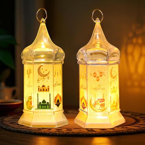 ACAREY Ramadan Deko Laterne 2 Stück Ramadan Dekoration Tischdeko Lampe, Eid Mubarak Deko Laternen Mond Stern Deko Laternen Hängend Ramadan Deko Beleuchtung Für Schlafzimmer Tisch Deko (A) von ACAREY