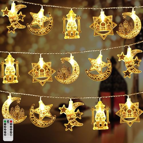 ACAREY Ramadan Lichterkette mit Timer, 3M 20LED Ramadan Deko Lichterkette Innen 8 Mode Eid Mubarak Dekoration, Stern Mond Lichter Ramadan Deko Lichtervorhang Deko für Zuhause Garten Party von ACAREY