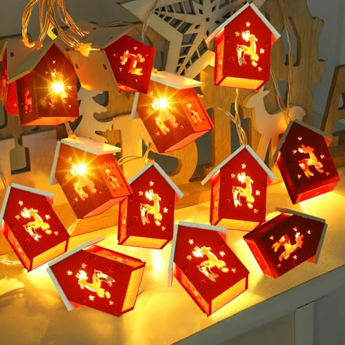 ACAREY Weihnachtsdeko Lichterkette, Weihnachten Deko Haus Lichterketten aus Holz, Weihnachtsbaum Haus Elch Dekoration Lichterkette Für Weihnachts Theme Fenster Schlafzimmer (Elch Haus) von ACAREY