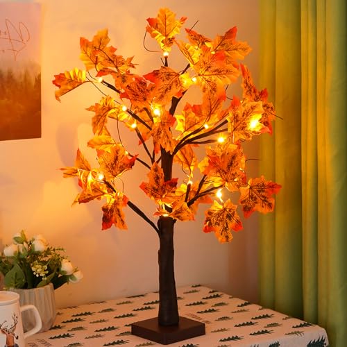 Herbstdeko Ahornblatt Baum Lichter mit 24 LEDs, Herbst Deko Lichterbaum 60cm Lichterbaum Für Innen, Halloween Deko Baumlichter Für Tisch Herbstdeko Zum Aufhängen, USB & Batteriebetrieben von ACAREY