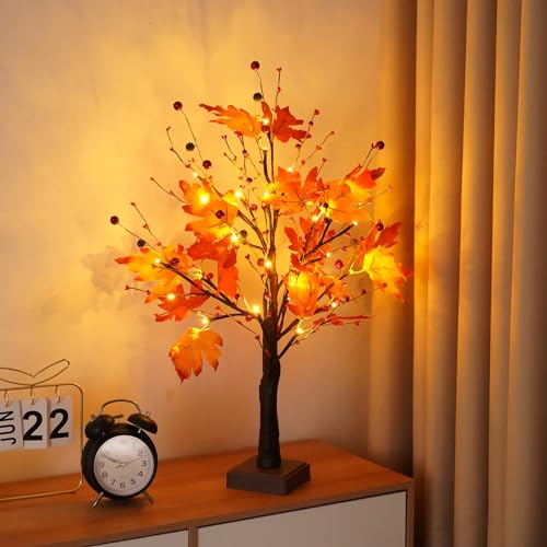 Herbstdeko Ahornblatt Baum Lichter mit 24 LEDs, Herbst Deko Lichterbaum Für Innen mit Timer und USB & Batteriebetrieben, 60cm Lichterbaum Für Tisch Herbstdeko Zum Aufhängen von ACAREY