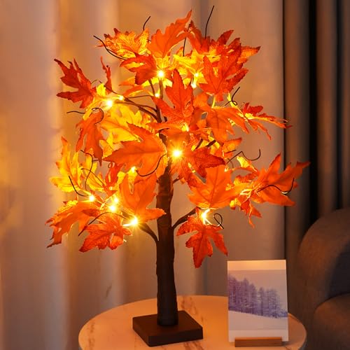 ACAREY Herbstdeko Lichterbaum Ahornblatt Baum Lichter mit 24 LEDs, Herbst Deko 60cm Lichterbaum Für Innen, Halloween Deko Baumlichter Für Tisch Herbstdeko Zum Aufhängen, USB& Batteriebetrieben von ACAREY