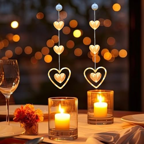 LED Herz Lichterkette Valentinstag Deko Fenster Lichterkette, LED Valentinstag Fenster Beleuchtung Herz Fenster Lichterkette Batteriebetriebene Mit Saugnäpfe, Warmweiß Stern Innen Deko (Herz B x2) von ACAREY