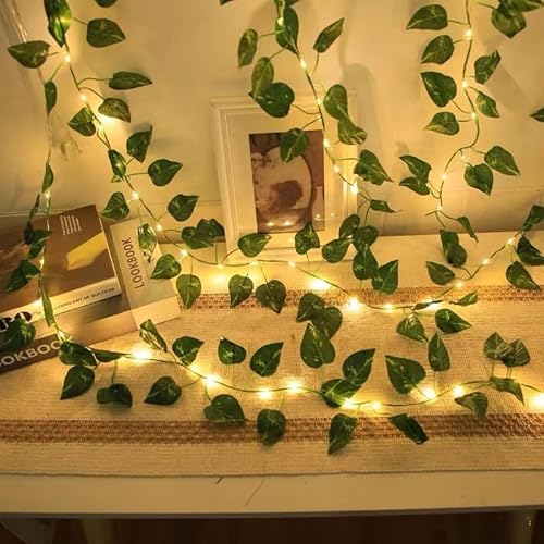 ACAREY LED Lichterkette Efeu Künstlich, 2M 20 LEDs Efeu Girlande Lichterkette Mit Batterie Für Innen, Lichterkette Mit Blumengirlande Hängend Pflanzen Für Innenberei,Hochzeit, Party Deko (2M 20LED) von ACAREY