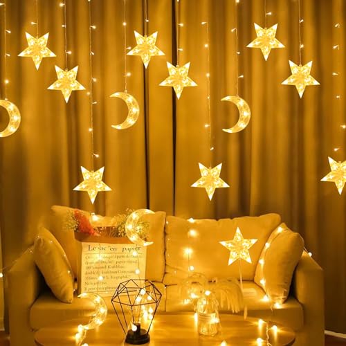 Lichterketten Vorhang Innen, Lichtervorhang 3M LED Lichterkette Stern Mond Lichterkette Vorhang, Ramadan Deko Lichtervorhang Warmweiß Für Weihnachten Hochzeit Party Wand Schlafzimmer Deko (Warm) von ACAREY