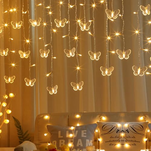 Lichtervorhang Innen 3x3.5m Lichterketten Vorhang mit Timer, 8 Modi Schmetterlings Vorhang Lichterkette Hängend USB Lichtervorhang Für Frühling Hochzeit Party Ramadan Wand Schlafzimmer Deko (Warm) von ACAREY