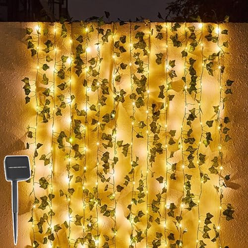 Solar LED Lichterkette Efeu Künstlich, 5M 50 LEDs Efeu Girlande Lichterkette, LED Lichterketten Wasserdicht, 8 Modi Lichterkette Mit Blumengirlande Hängend Pflanzen Für Garten Balkon Deko (5M 50LED) von ACAREY