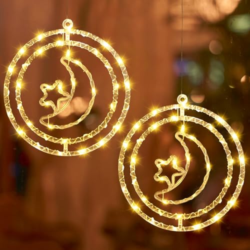 Weihnachtsdeko LED Sterne Drehbar Weihnachtsbeleuchtung Fenster, D32cm Stern Lichterkette Weihnachtsdeko Fenster Mit Saugnäpfe, USB Weihnachtsstern Beleuchtet Innen Für Weihnachten (Stern + Mond) von ACAREY