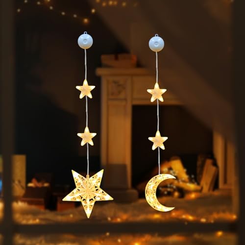 Weihnachtsdeko LED Sterne Weihnachtsbeleuchtung, Stern Lichterkette Weihnachtsdeko Fenster Batteriebetriebene mit Saugnäpfe, Warmweiß Weihnachtsstern Innen für Weihnachten Deko, Balkon (Stern +Mond) von ACAREY