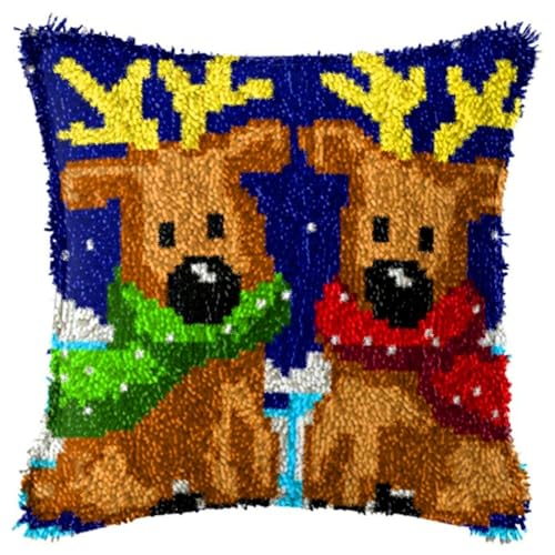 ACEMOOW Christmas Knüpfteppich Zum Selber knüpfen Knüpfsets 43x43cm Latch Hook Kit Selbst Knüpfen Set für Kinder und Erwachsene Elch von ACEMOOW