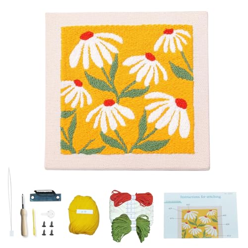 ACESOME Stanznadel-Stickerei-Starter-Kits mit Anleitung, Stanznadel-Stoff mit Blumenmuster, Stickerei Set Anfänger, Starter Stanznadelstoff Muster Set, Mit Holzfotorahmen (Gelb) von ACESOME ㅤ