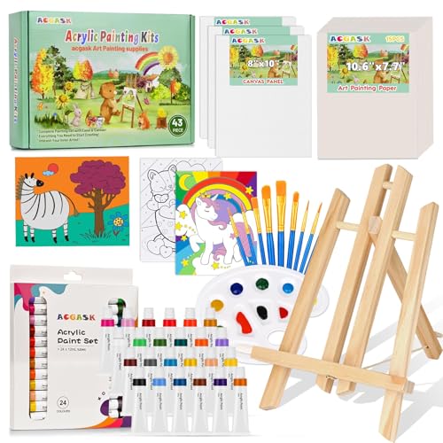 ACGASK 43-teiliges Acryl-Malset für Kinder, ungiftiges Kunstzubehör und Malset für Kinder mit 6 Leinwandplatten, 24 Farben, 15 Papierblock, Tischstaffeleien, 10 Pinsel usw., Malset als Geschenk von ACGASK