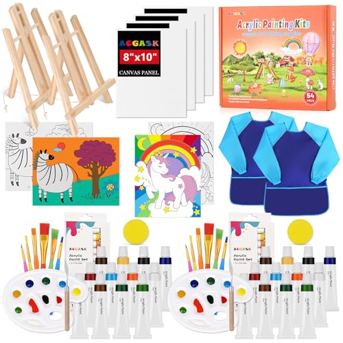 ACGASK 54-teiliges Acrylfarben-Set für Kinder, ungiftiges Malset für Kinder, Kunstbedarf und Malsets für Kinder mit 8 Leinwandplatten, 2 x 12 Farben, 2 Kunstkitteln, 2 Tischstaffeleien usw., von ACGASK