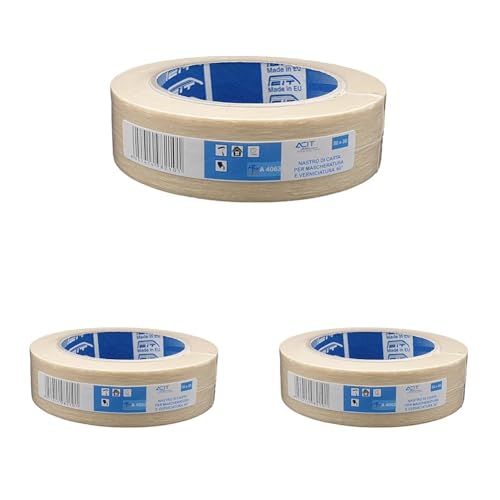 ACIT, Malerpapier 1 Stück 50m x 30mm, Klebeband Malerband 60 °C, Klebeband für Malerarbeiten, Universelles Abdeckband (Packung mit 3) von ACIT