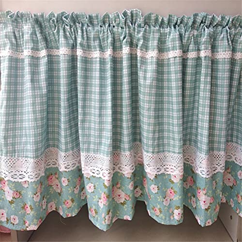 ACMHNC Küchengardine Scheibengardine Landhausstil Vintage Bistrogardine Handgefertigter Baumwoll Polyester Halbvorhang Karierte Floral Cafe Vorhang Dekoration Kurzgardine,Blau,W x H 150 x 60cm von ACMHNC