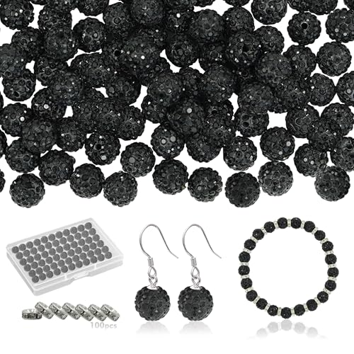 200 Stück Strass-Perlen und Abstandshalter für Schmuckherstellung, 10 mm Polymer-Ton, Glitzer-Perlen, Kristall-Discokugel-Perlen zum Basteln, Diamantperlen für Armbänder, Halsketten (schwarz) von ACOSIY