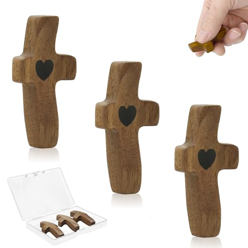 Holzkreuze zum Basteln, kleines Walnusstaschenkreuz, Fingerspitzen-Stressabbau, Handkreuz zum Beten, religiöses Kreuz, Mein Herz, Ermutigungsgeschenk (3 Stück) von ACOSIY