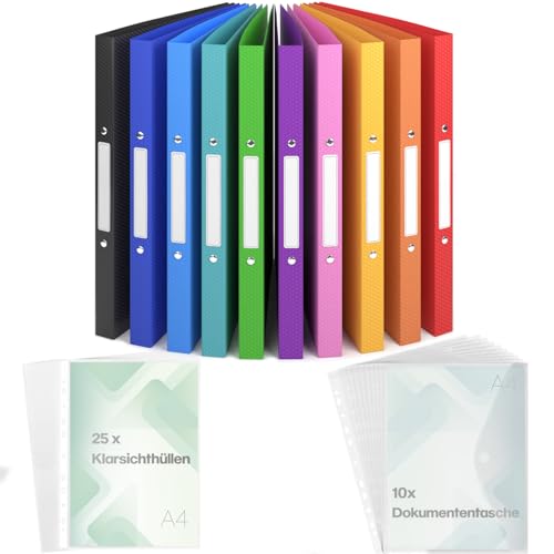 ACROPAQ - 10 x Ringbuch A4 - Inkl. 10 x Dokumententasche, 25 x Klarsichthüllen und 10 x Rückenetiketten, Mit 2 Ringen, Rückenbreite 2,5 cm, Regenbogen, "Nature" Farbkollektion - Ringhefter, Ringordner von ACROPAQ