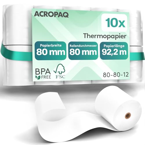 ACROPAQ - 10 x Thermopapier - 80 mm x 80 mm x 92,2 m, Premium, BPA-freies Thermo-papierrollen für Bondrucker - Kassenrollen, Thermorollen 80 mm von ACROPAQ