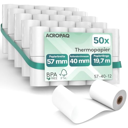 ACROPAQ - 50 x Thermopapier - 57 mm x 40 mm x 19,7 m, Premium, BPA-freies Thermo-papierrollen für Ec-Cash-Geräte, mobile Zahlungsterminals - Kassenrollen, Thermorollen 57 mm von ACROPAQ