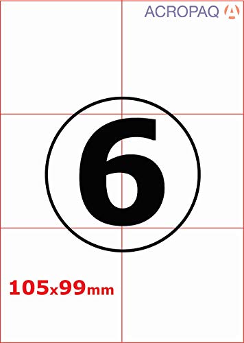 Acropaq Labels A4-Blätter mit je 6 Etiketten (105 x 99 mm), insgesamt 600 Etiketten für Tintenstrahldrucker, Laser, Kopierer, 100 Blatt von ACROPAQ