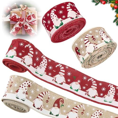 ACTOYS 2 Rollen Weihnachtsbaum Band Draht, 5cm x 5 m Geschenkband Weihnachten, Weihnachten Geschenkband, Weihnachtsbänder für Weihnachtsgeschenkdekoration und Verpackung, Girlande (rotes Leinen B) von ACTOYS