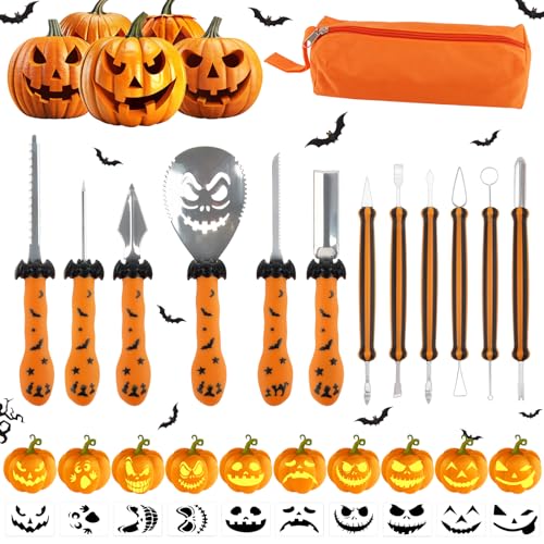 ACTOYS Kürbis Schnitzset, 12 Stück Schnitzwerkzeug Kürbis+10 Kürbis Schnitzvorlagen, DIY Halloween DekorationKürbis, Kürbis Schnitzmesser für Kinder & Erwachsene von ACTOYS