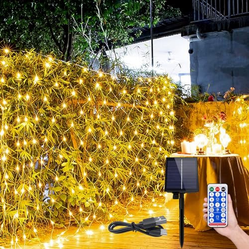 ACXIN 3x2m Solar LED Lichternetz 250LEDs Mesh Außen Innen Solar Garten Lichterkettenvorhang 8 Leuchtmodi Net Mesh Deko IP44 Wasserfest mit Fernbedienung Timer von ACXIN