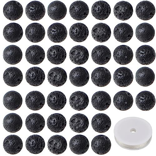 100Pcs 10mm Lava Naturstein Perlen Runde lose Edelstein Energie Heilung Perlen mit kostenlosen Kristall Stretch Cord DIY glatte Perlen für Armband Halskette Ohrringe Schmuck machen von ACYUNLEI