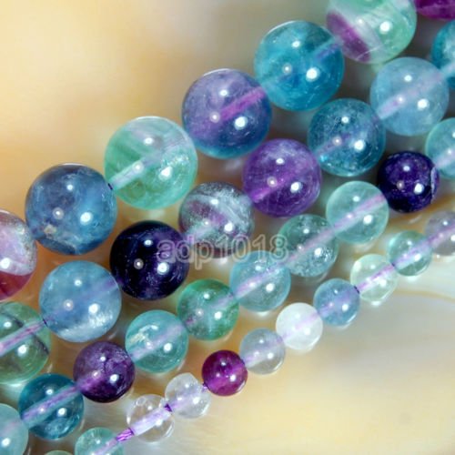 Glatte, natürliche Edelstein-Perlen, rund, lose Perlen, 4 mm, 6 mm, 8 mm, 10 mm, 12 mm (6 mm, bunter Fluorit) von AD Beads