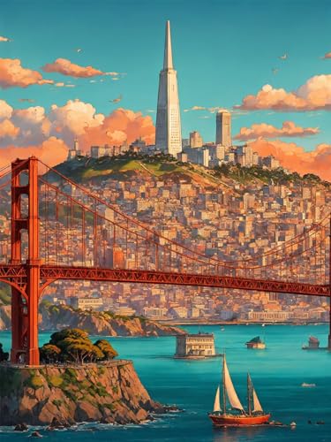 Diamond Painting Erwachsene, DIY Diamant Painting Bilder Golden Gate Bridge, Vollbohrer Landschaft Diamant Malerei Malen Nach Zahlen Cross Stickerei Bastelset Erwachsene, für Deko Zimmer 90x120cm W-0 von ADCCAT